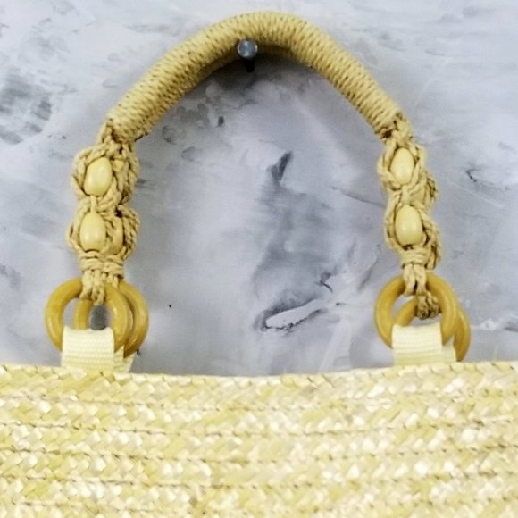 CROFT & BARROW Straw Tote Purse Satchel Handbag, Woven Bag w/Yellow Gingham Lin. - Picture 6 of 10